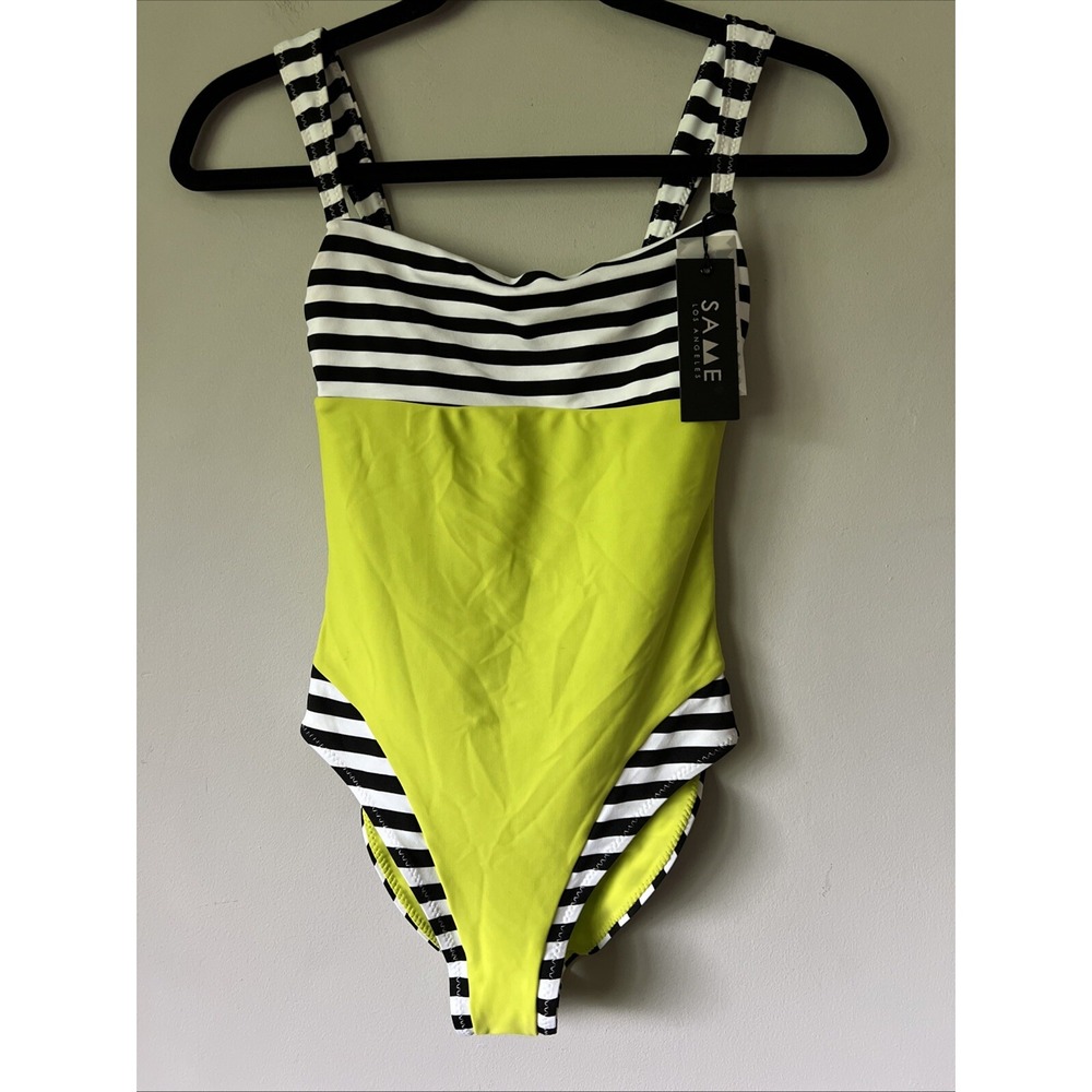 SAME Los Angeles One Piece Swimsuit Womens Size Small Neon Black White Stripe